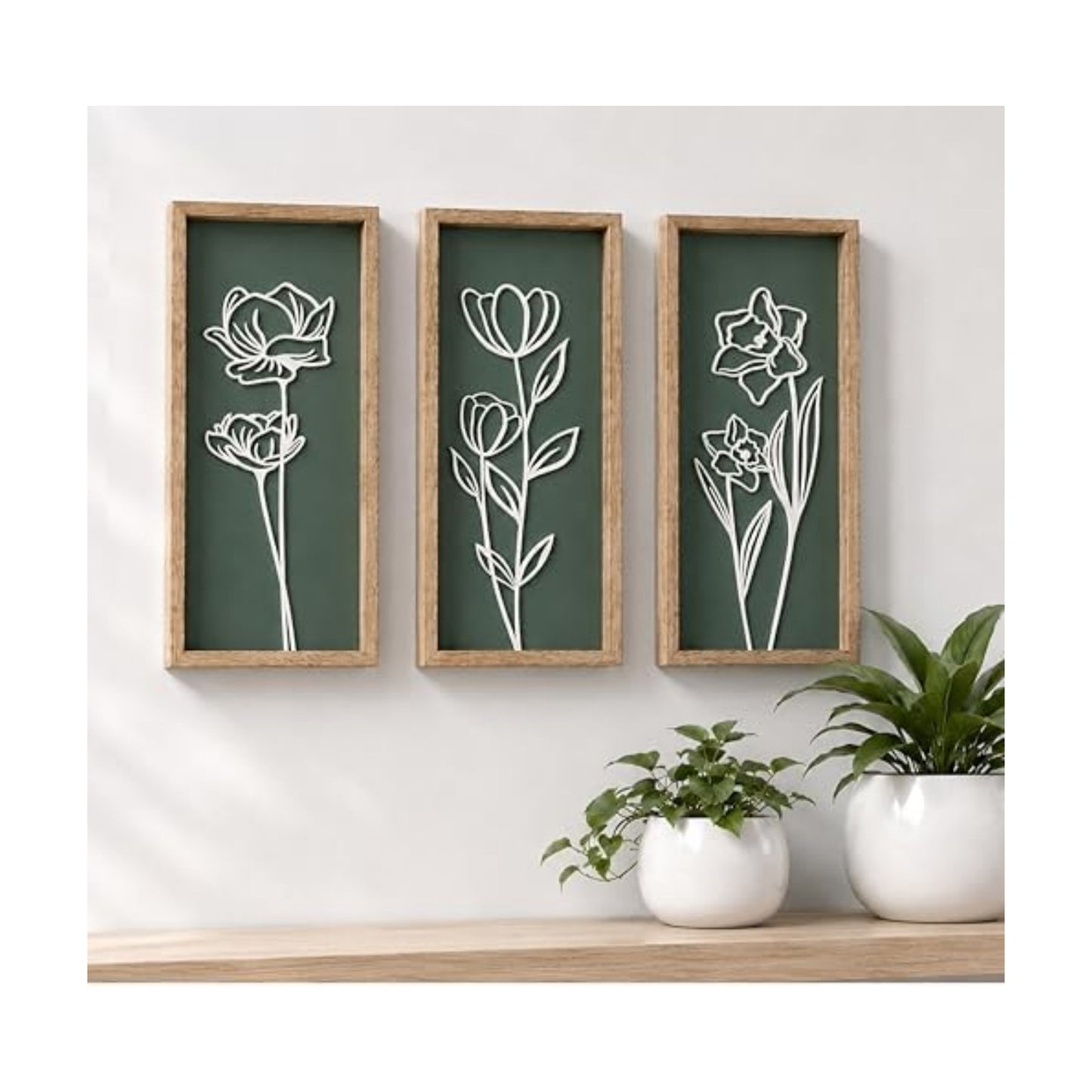 Tide and Tales 3d Green Wall Art, Wooden Botanical Wall Decor, Set of 3