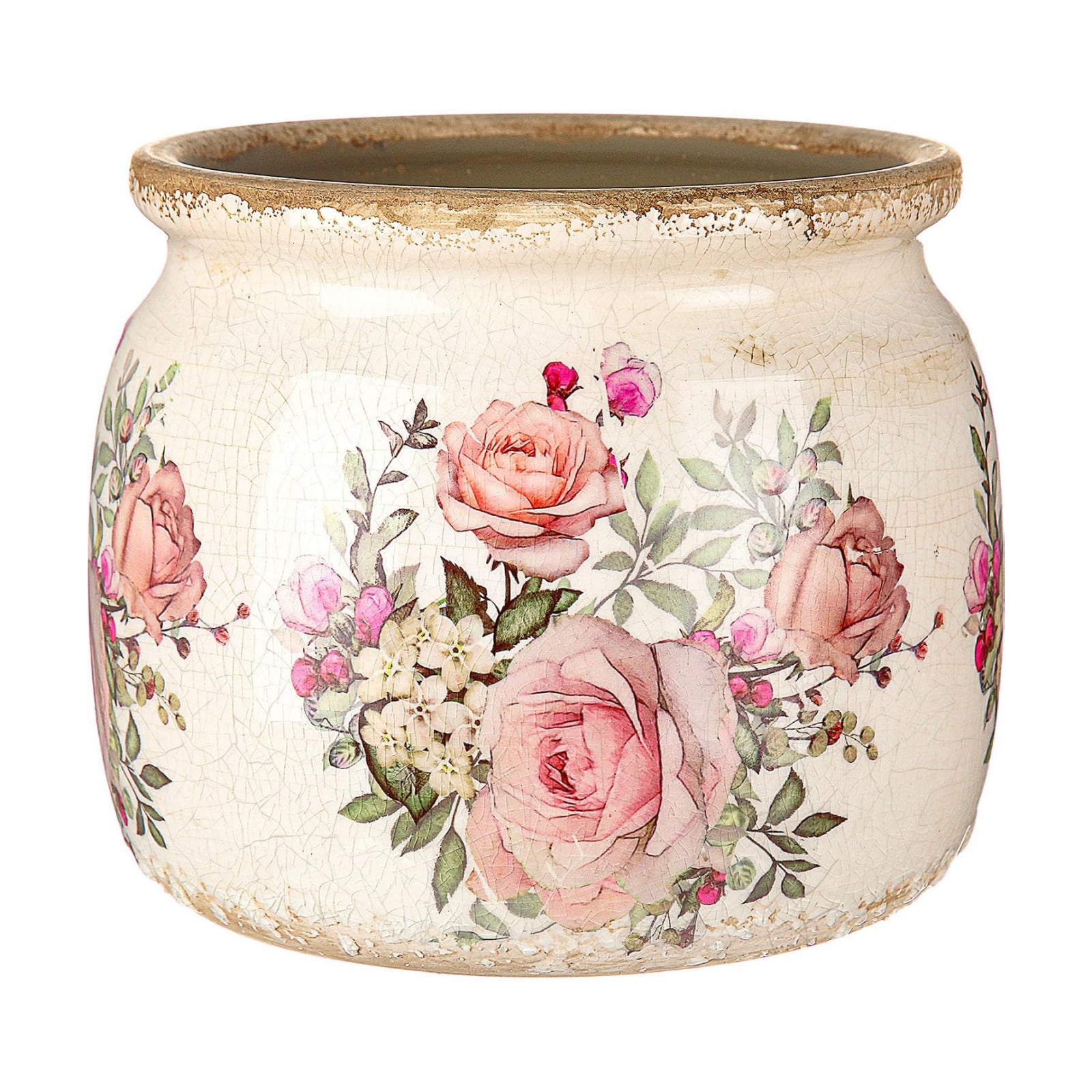 Vintage Planter Large Ceramic Plants Pot Ice Crack Cottage Scroll Vase / European Rose / Beige Pink