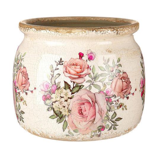 Vintage Planter Large Ceramic Plants Pot Ice Crack Cottage Scroll Vase / European Rose / Beige Pink