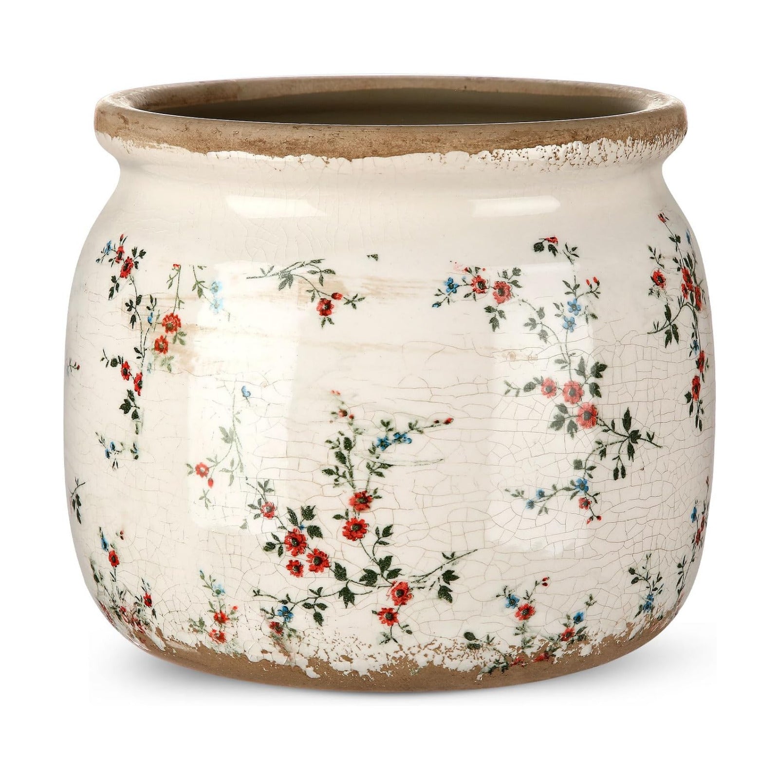 Vintage Planter Large Ceramic Plants Pot Ice Crack Cottage Scroll Vase / Rustic Floral / Beige Red