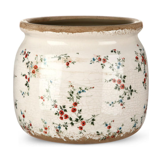 Vintage Planter Large Ceramic Plants Pot Ice Crack Cottage Scroll Vase / Rustic Floral / Beige Red