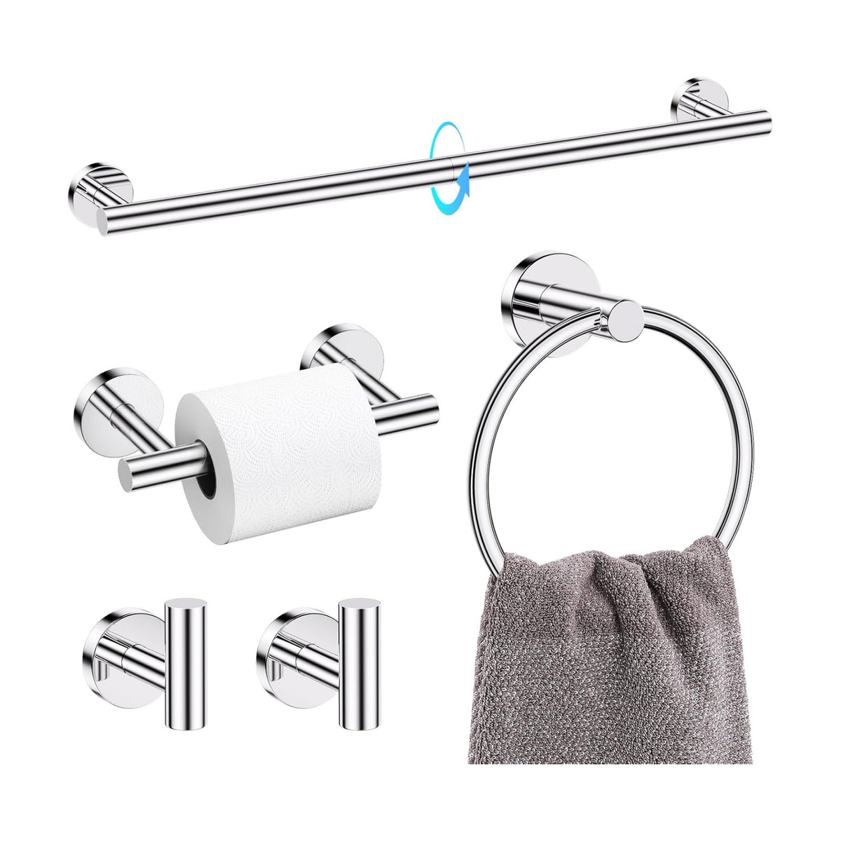 TQKAG 5 Piece Towel Racks for Bathroom, 23.6" Bathroom Hardware Set Chrome | Bathroom Hardware Set, SUS304 Stainless