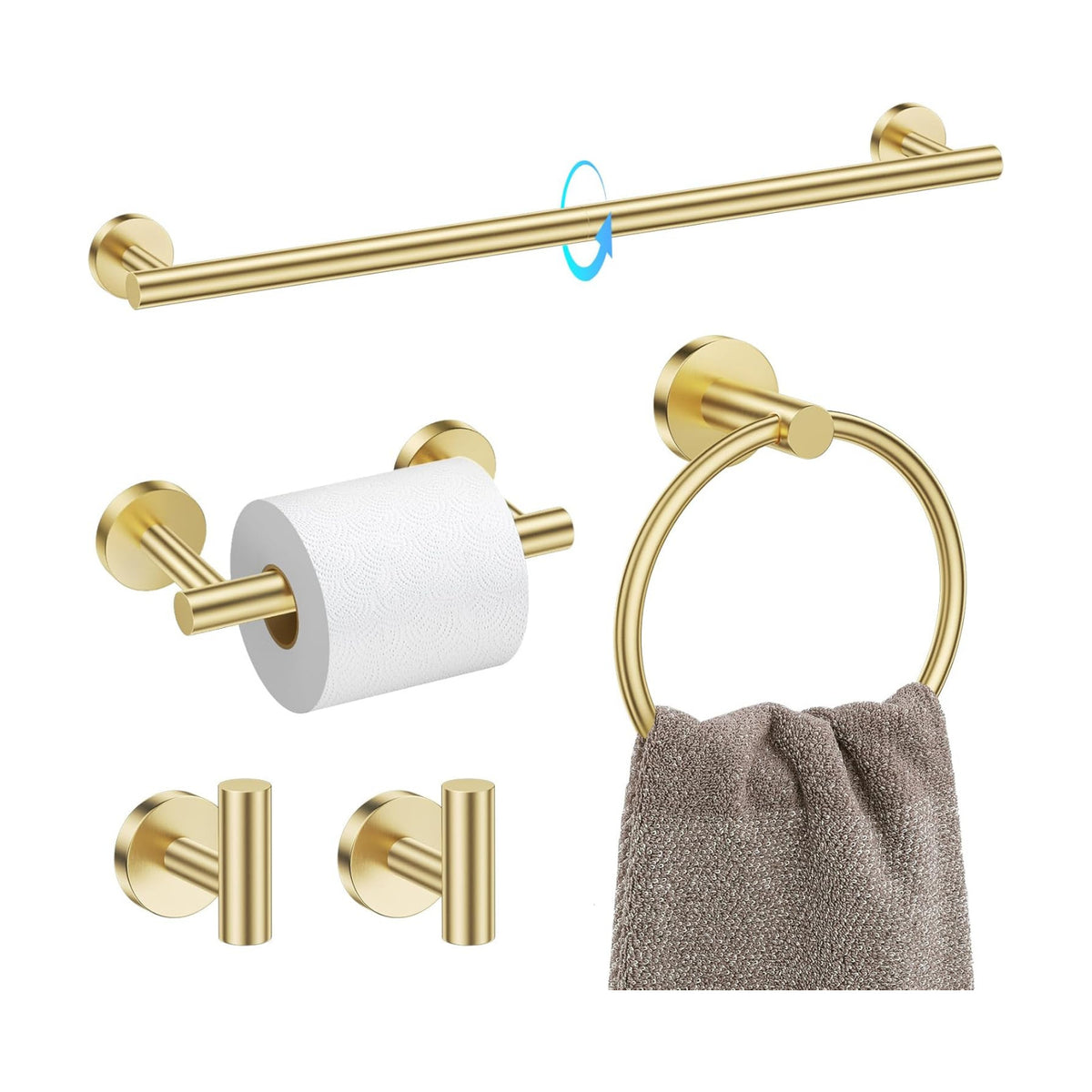 TQKAG Brushed Gold Bathroom Accessories, 5 Piece Towel Racks for Bathroom | 23.6" Bathroom Hardware Set, SUS304