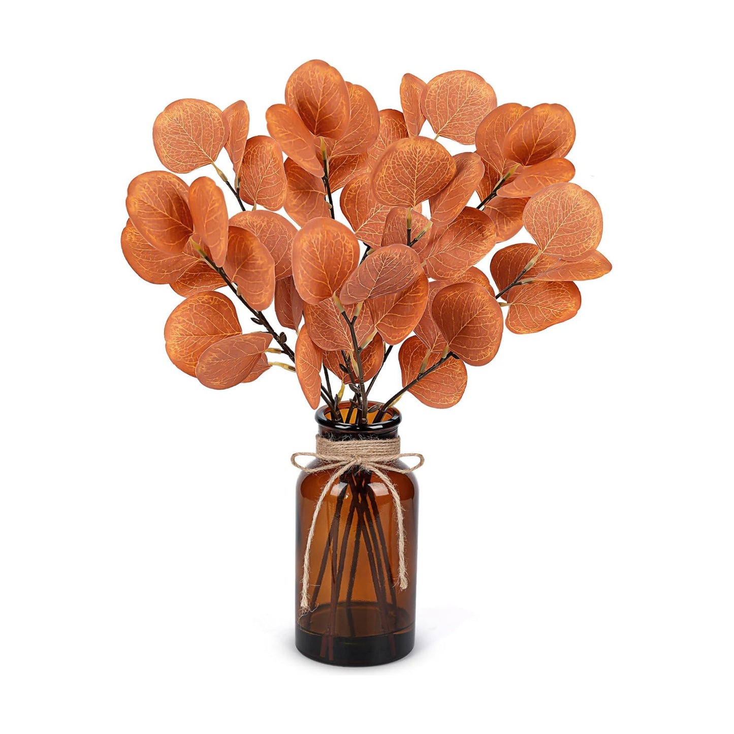 13.5" Fake Plants for Fall Bathroom Decor Autumn Artificial Eucalyptus Stems in Glass Vase / Amber