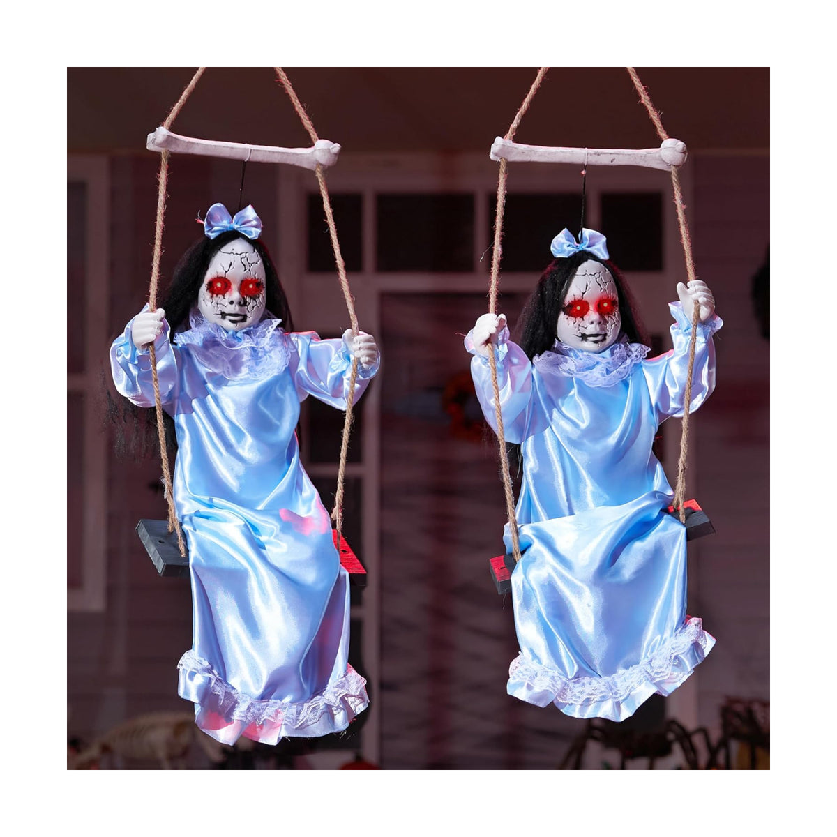 JOYIN 2 Pcs Hanging Ghosts Halloween Decorations Outdoor, 3ft Blue Swinging Creepy Sister Ghost with LED Red Light Eyes Creepy Girl Twins Doll Decor for Indoor Flying Props for Yard Patio Lawn Garden