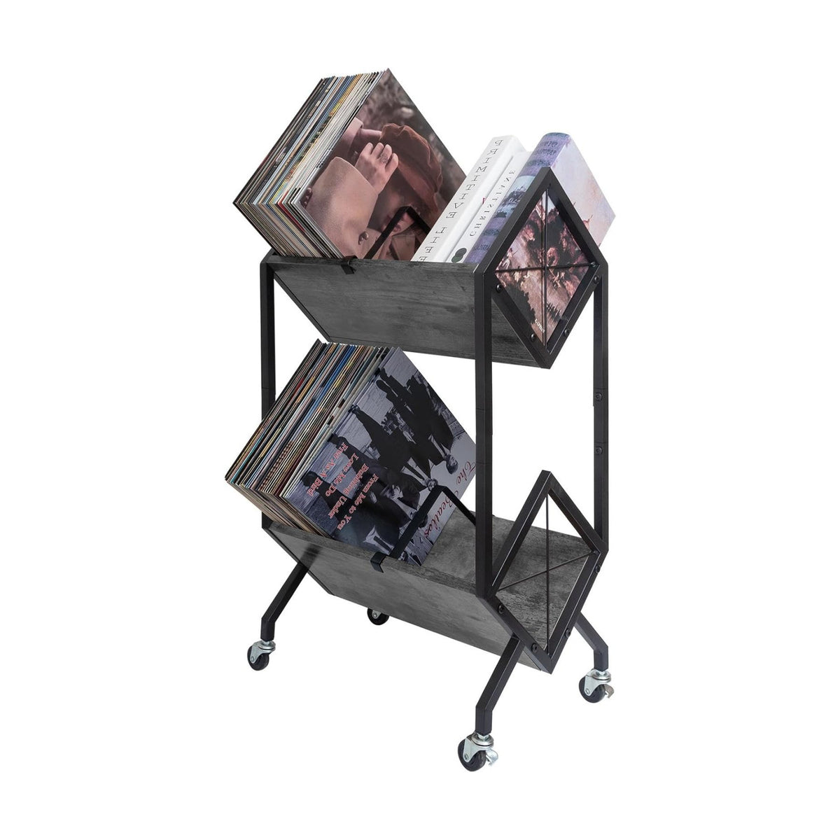 SwaaVee Vinyl Record Storage Holder with Wheels, 2-Tier Record Holder 160-200 LP with Dividers, Retro Style Quick