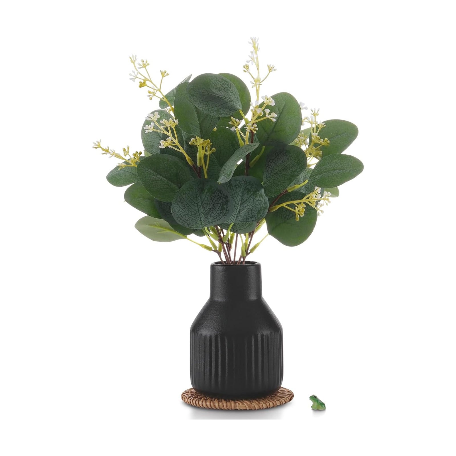 Artificial Eucalyptus Greenery Stems in Ceramic Vase / Black / Set of 10