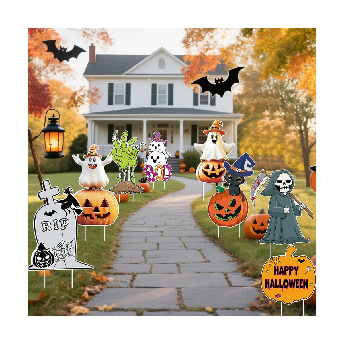 8 PCS Cute Halloween Decorations Outdoor Yard Signs,Large Yard Stakes Signs Pumpkin Ghost,Tombstone, Skeleton, Hand, Halloween Lawn Decoration for Family Friendly Kids Home Party