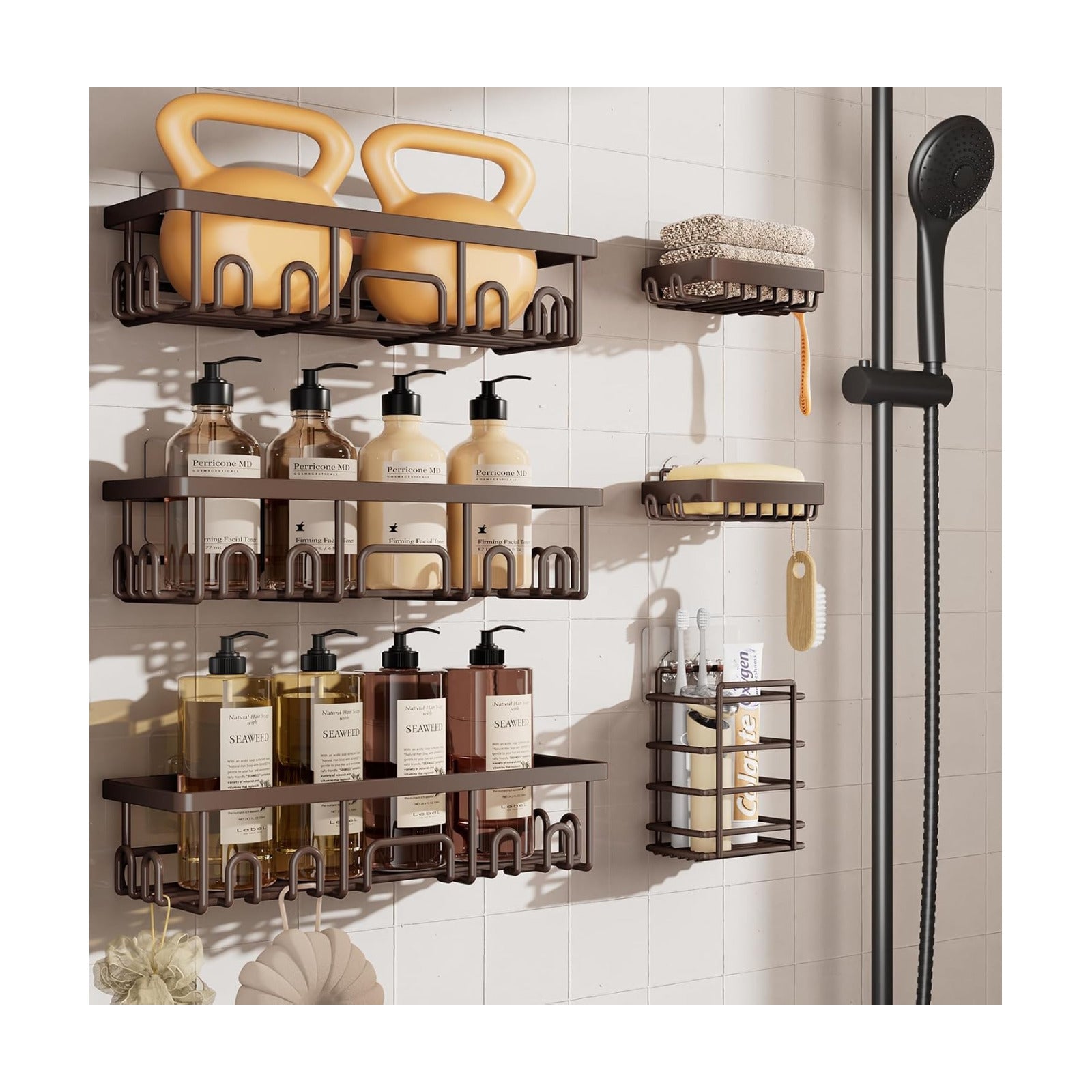 Veken Shower Caddy 6-Pack, No Drilling & Rustproof, Waterproof Adhesive Shelves Rack with Soap Holder, Large Capacity