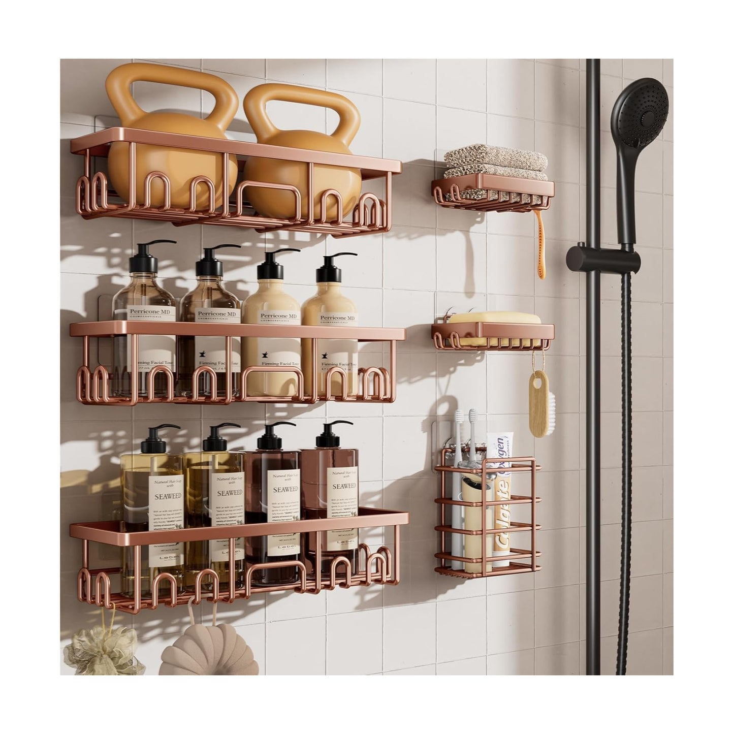 Veken Shower Caddy 6-Pack, No Drilling & Rustproof, Waterproof Adhesive Shelves Rack with Soap Holder, Large Capacity