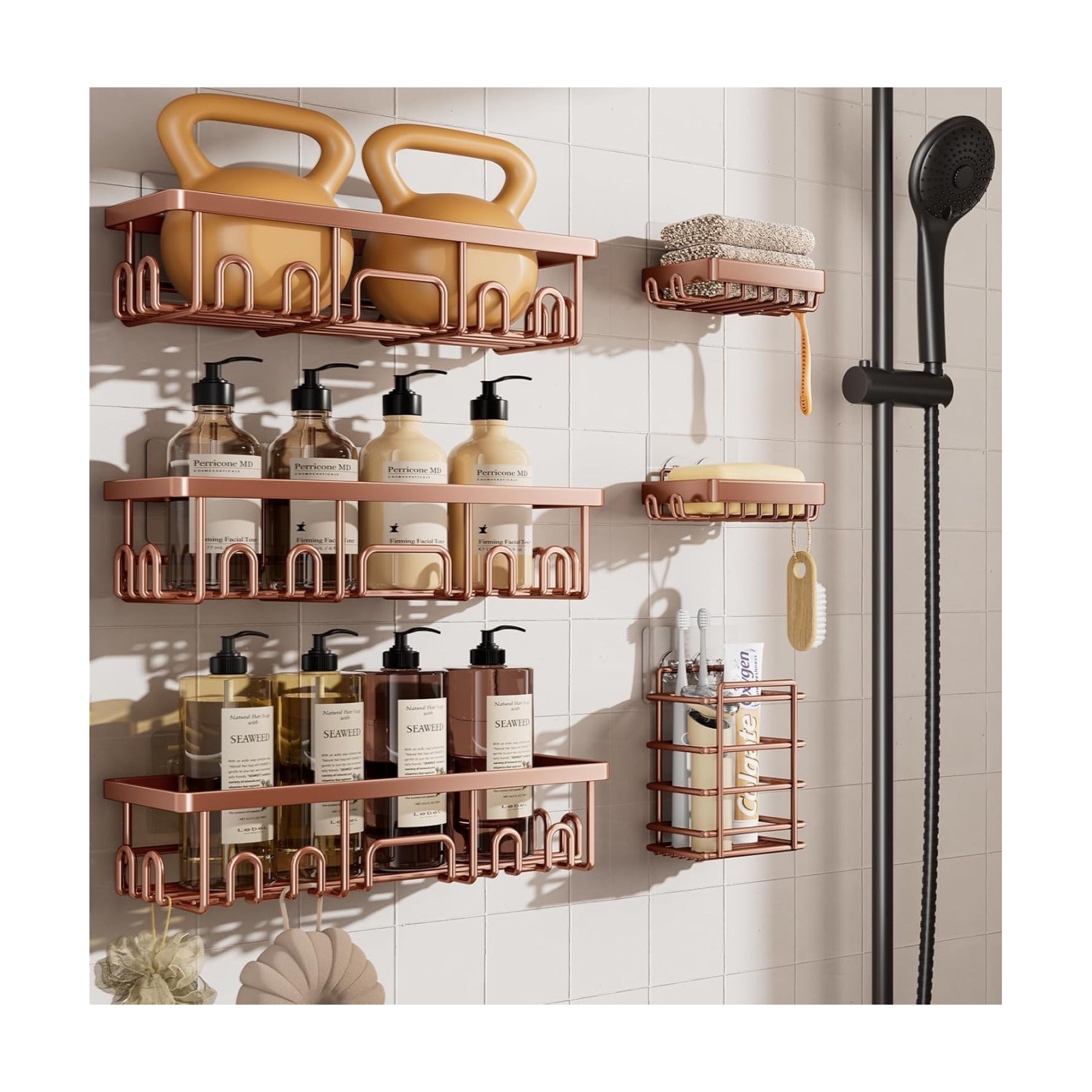 Veken Shower Caddy 6-Pack, No Drilling & Rustproof, Waterproof Adhesive Shelves Rack with Soap Holder, Large Capacity