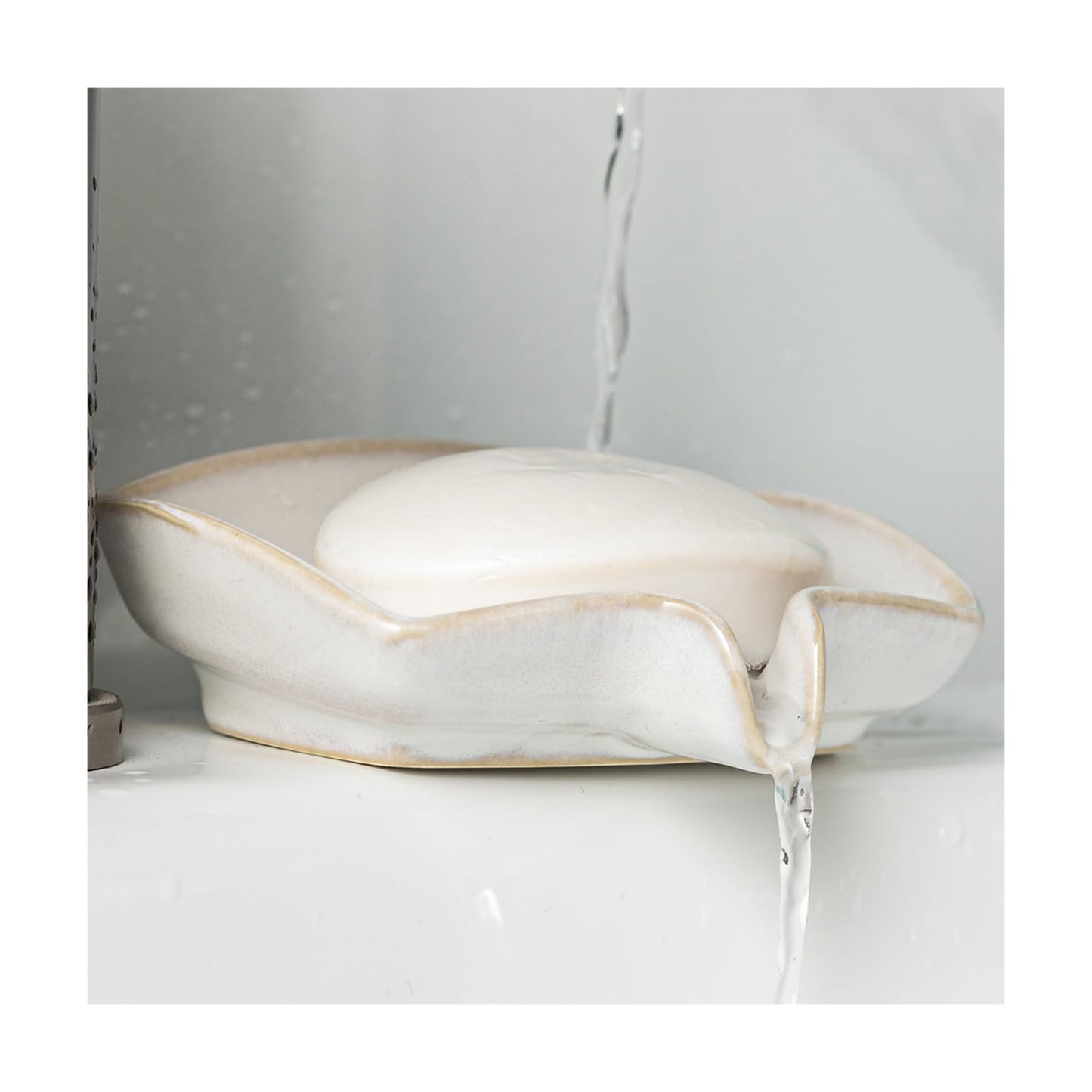Waterfall Design Bar Soap Holder Self Draining Soap Saver for Shower / Beige White / Rectangular