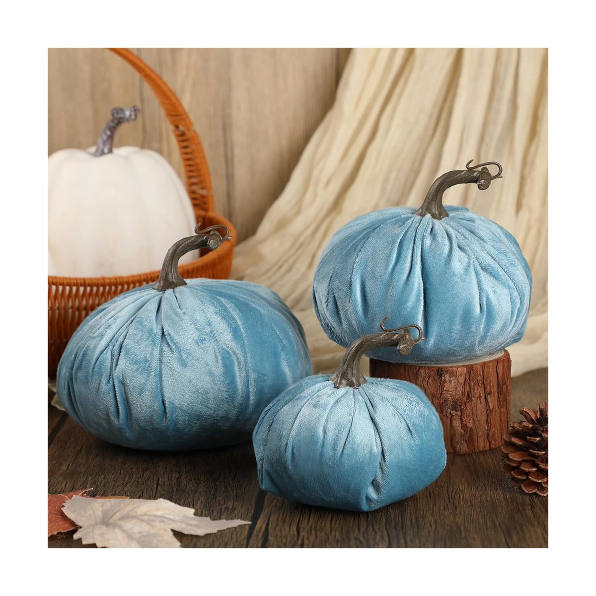 Beeveer 3 Pcs Fall Pumpkins Decor Blue Velvet Farmhouse Decorative