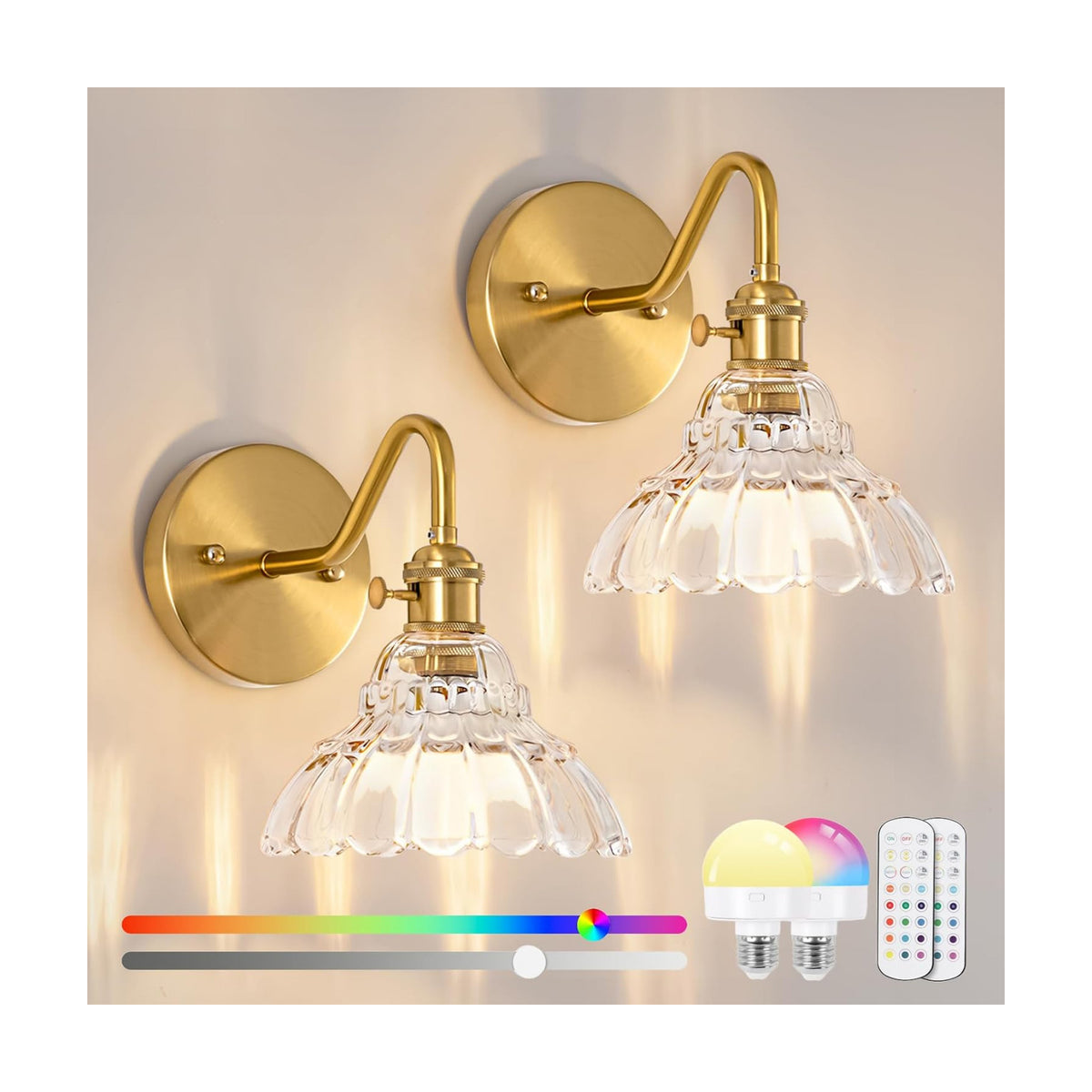 Vintage Battery Operated Wall Sconces Set Of Two, Indoor not Hardwired Brass Transparent Glass Lampshade Fixtures