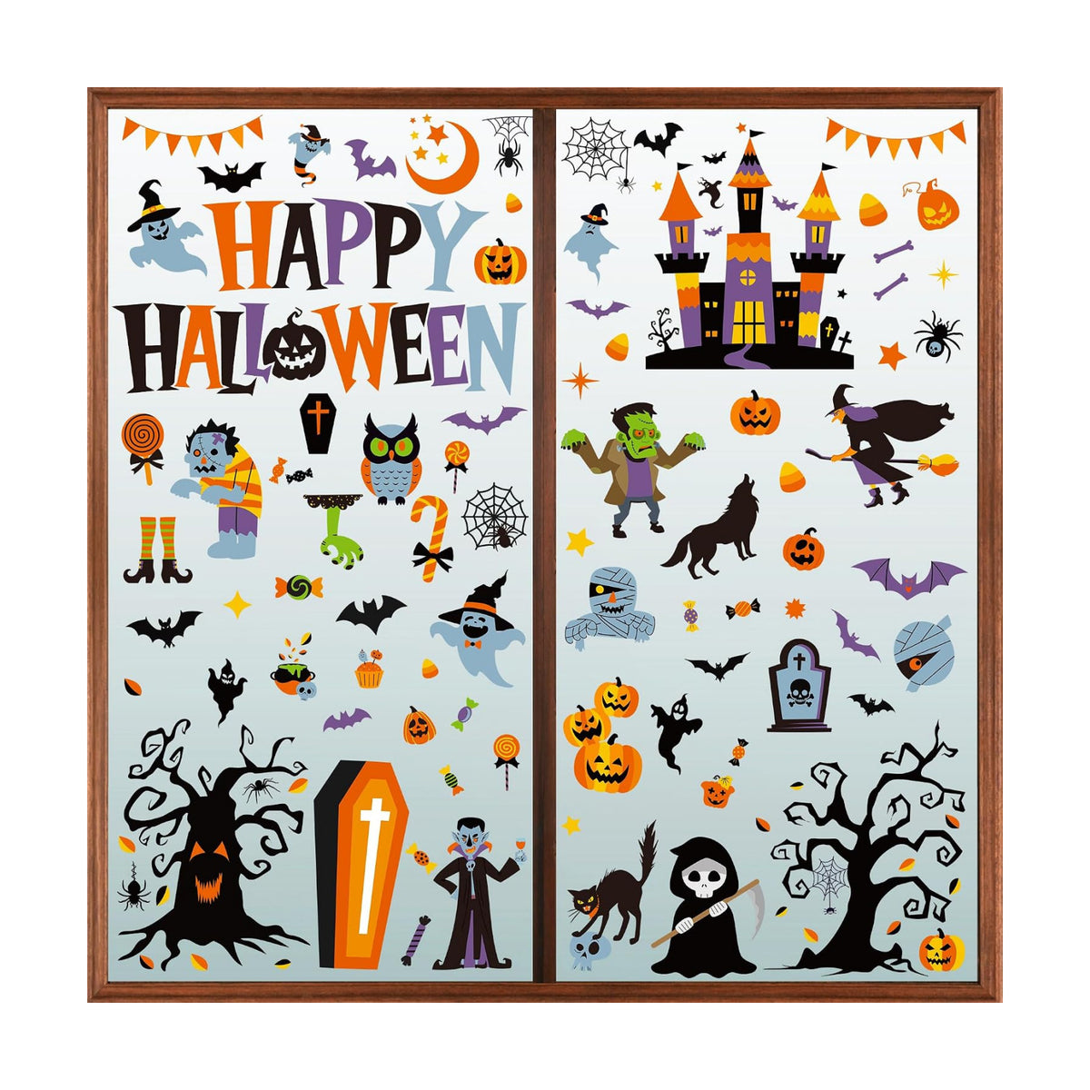 116PCS Halloween Window Clings, 9 Sheets Halloween Decorations, Cute Witch Tree Zombie Ghost Patterns PVC Window Stickers for Treat or Trick Party Favors Decal Supplies Decor Accessories
