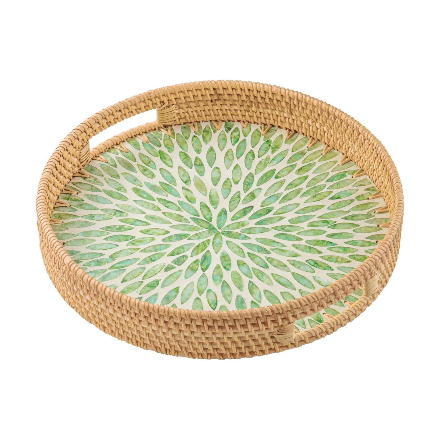 in Round Rattan Serving Tray / Green / 13.8 Inch