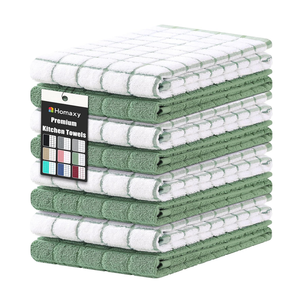 Homaxy Large Premium Cotton Kitchen Towels 16"x 28", 8 Pack, Grass Green | Natural Ring Spun 390 GSM Dish Towels, Super
