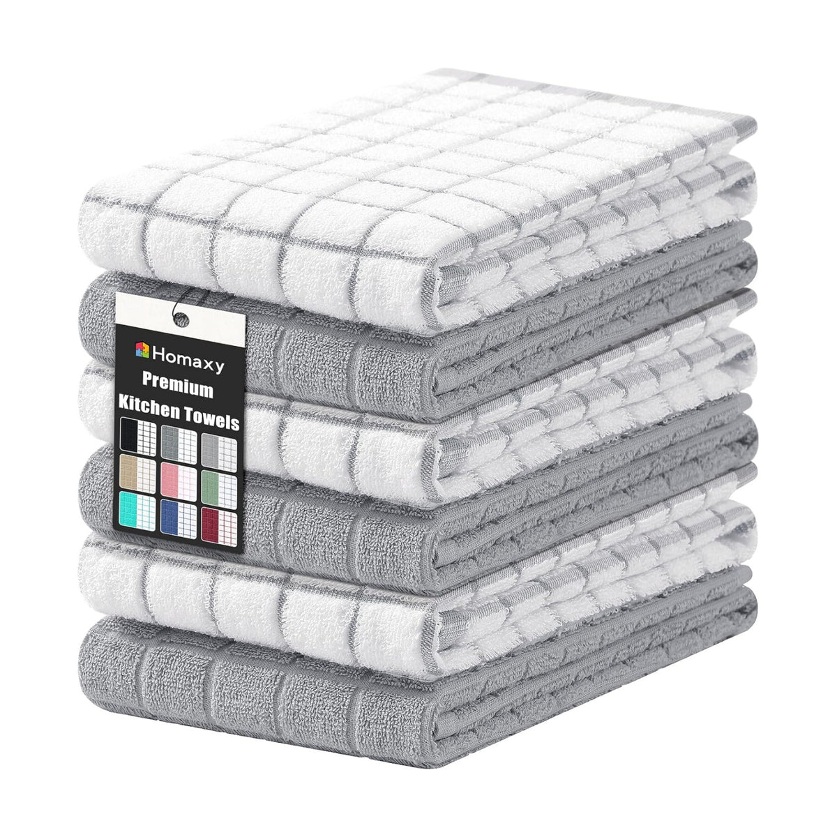 Homaxy Large Premium Cotton Kitchen Towels 16"x 28", 6 Pack, Light Grey | Natural Ring Spun 390 GSM Dish Towels, Super