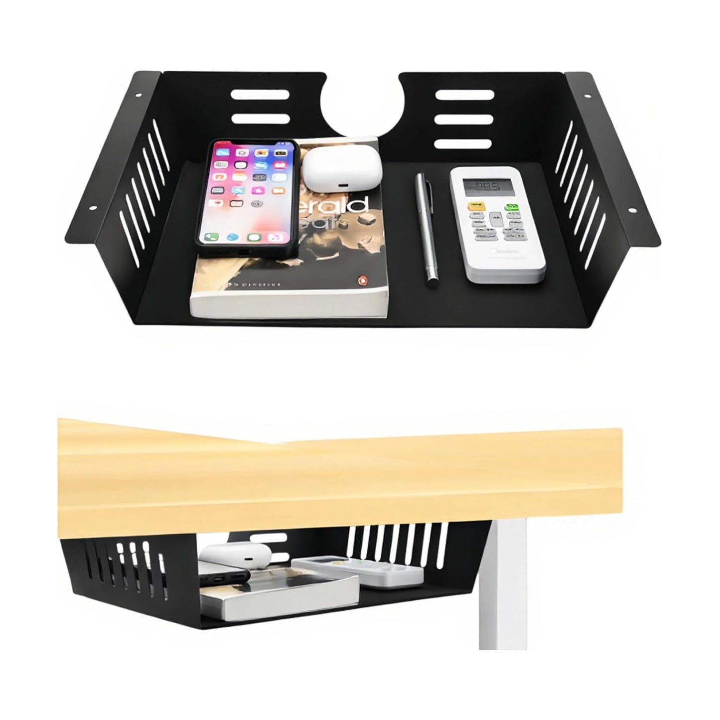 2 Pack Under Desk Shelf-Metal -Black Under Shelf Storage for Office Tables & Workstations（13Inch）