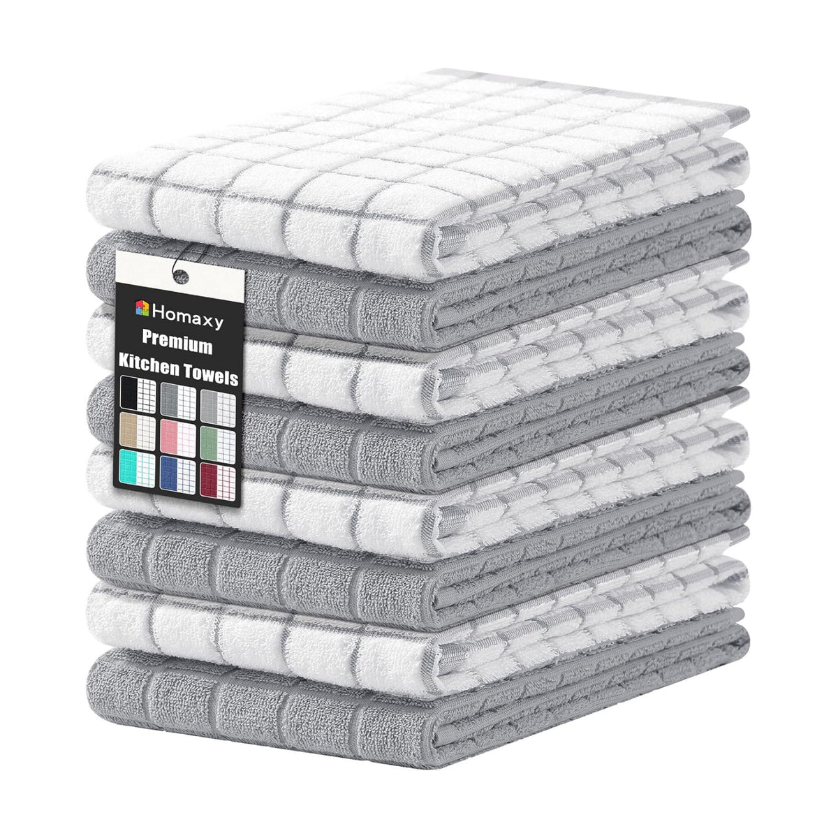 Homaxy Large Premium Cotton Kitchen Towels 16"x 28", 8 Pack, Light Grey | Natural Ring Spun 390 GSM Dish Towels, Super