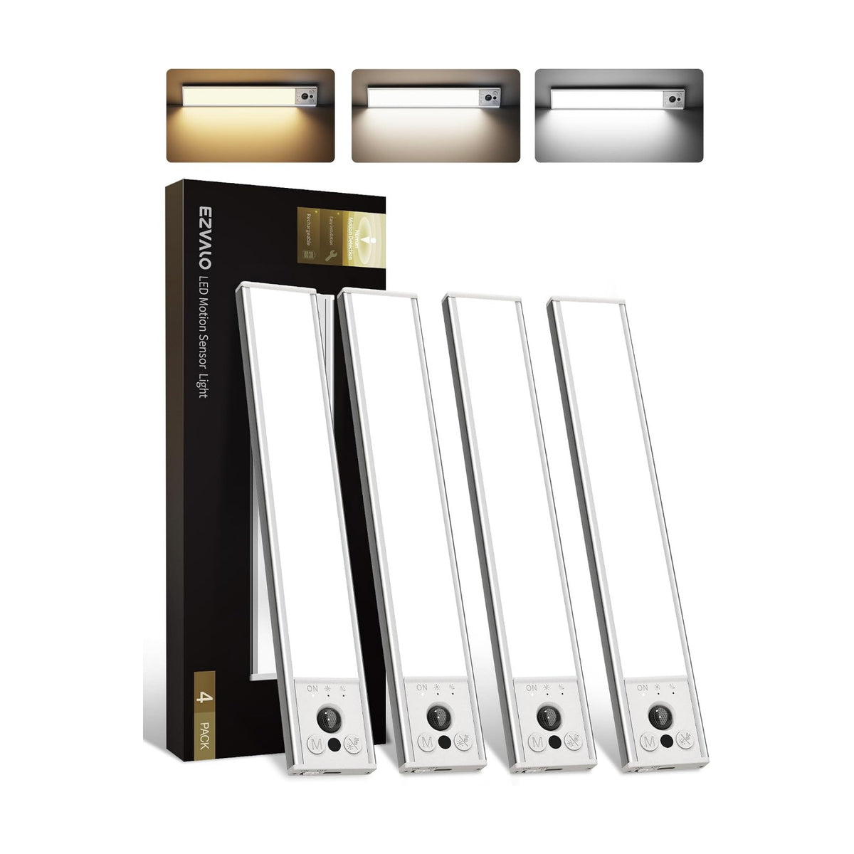 EZVALO 4-Pack Under Cabinet Lights, 2400mAh Rechargeable Motion Sensor Light Indoor, Wireless Closet Lights, with 3