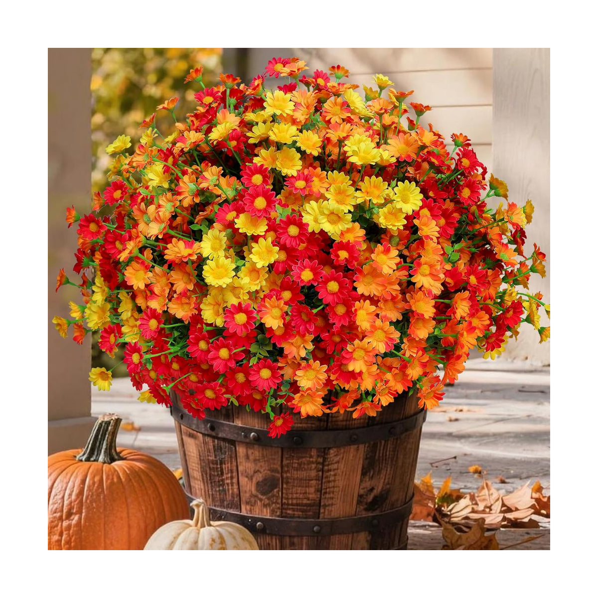 alyptus Faux Flowers Outdoor Artificial Mums – 12 Bundles UV Resistant Fall Flowers for Planter Porch Patio Yard Garden Decoration(Red 5, Orange 5, Yellow 2)