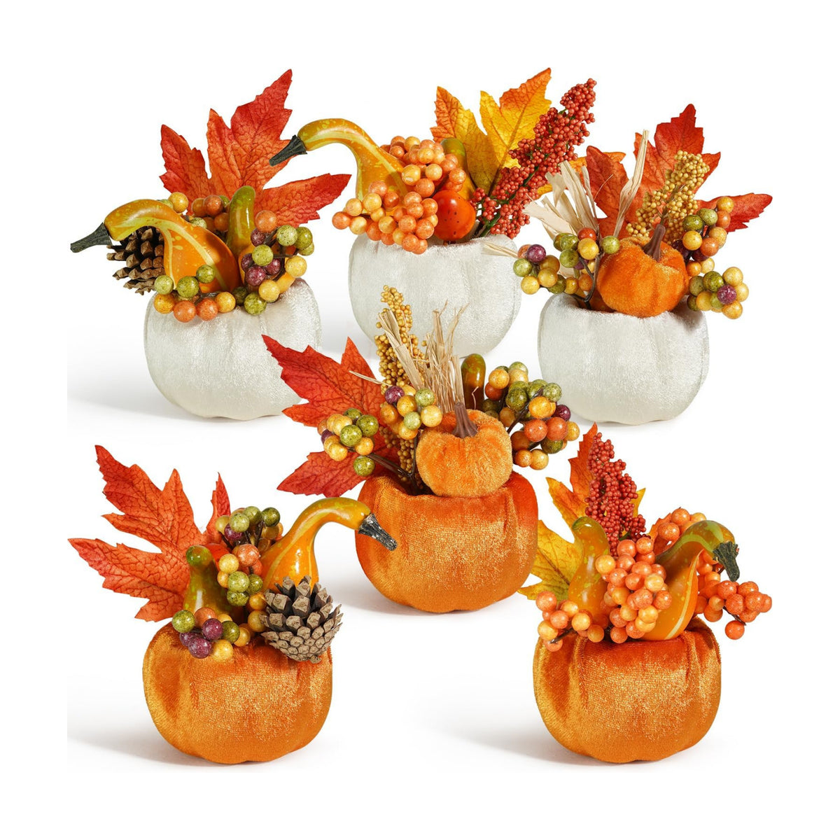 Artmag Set of 6 Artificial Pumpkins Decorations, Decorative Fabric Orange Pumpkin with Maple Berry Acorn Pine Cone Vegetables for Fall Thanksgiving Harvest Party Home Tabletop