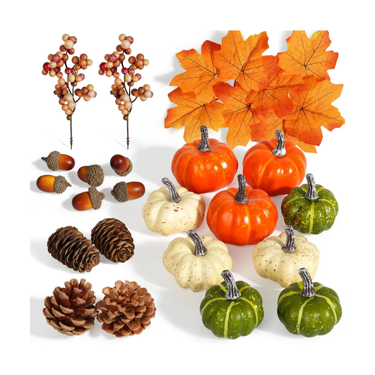 Artmag Pumpkin Decor Set, 25 PCS Fall Artificial Maple Leaves, Harvest Pumpkins, Acorns, Pine Cones and Orange Berry Stems Decorations for Fall Thanksgiving Table Decor