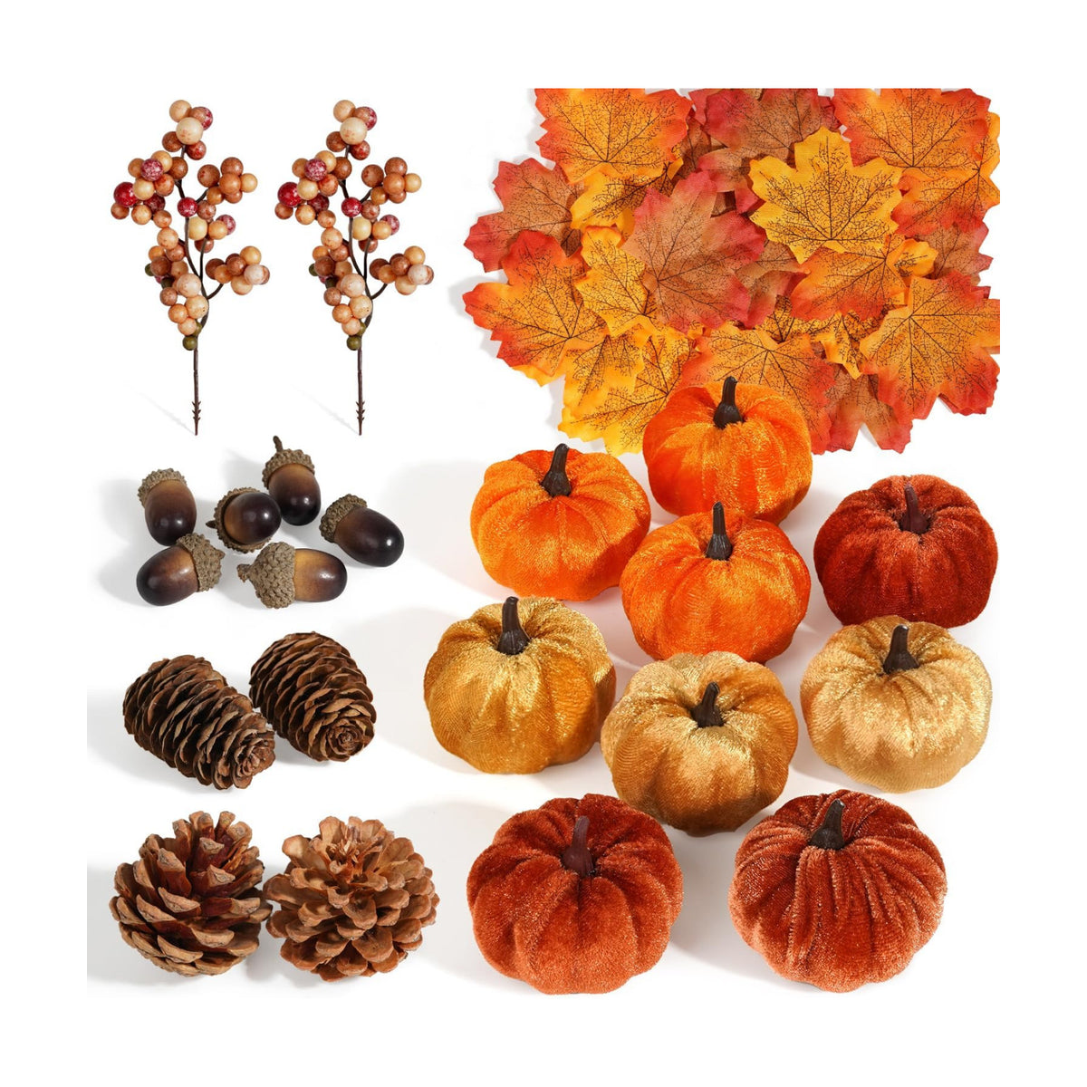 Artmag 51 PCS Artificial Fabric Pumpkins, Fall Harvest Decorations with Acorns, Pinecones, Berries, Maple Leaves for Fall Thansgiving Halloween Decoration
