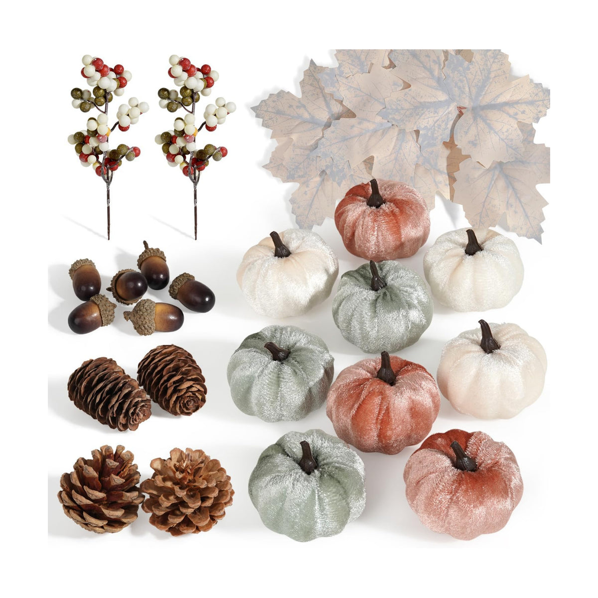 Artmag 25 PCS Pumpkin Decor Set, Artificial Fabric Pumpkins Decor with Acorns, Pinecones, Berries, Maple Leaves for Fall Halloween Thanksgiving Decorations Home Table