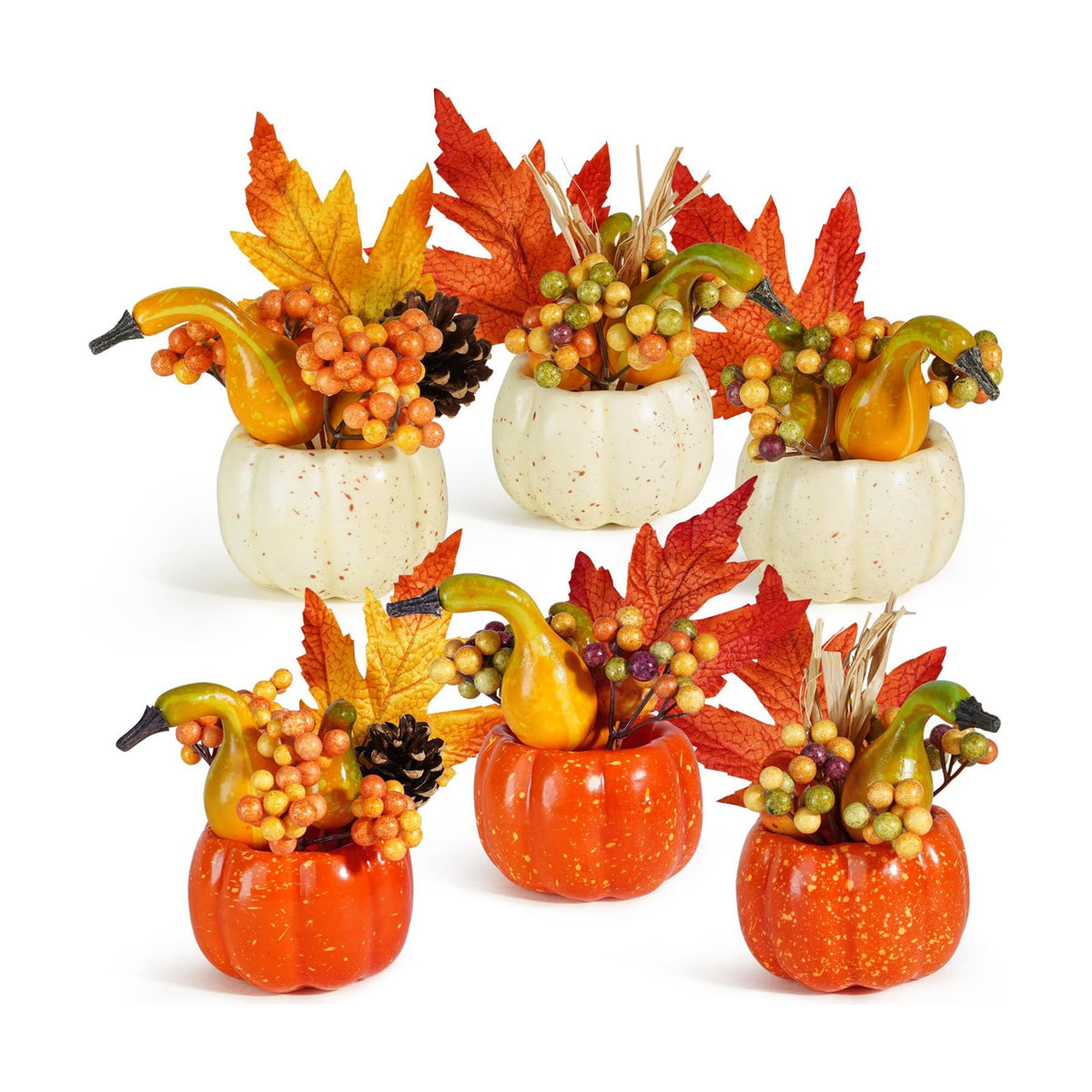 Artmag Set of 6 Artificial Pumpkins Decorations, Decorative Orange Pumpkin with Maple Berry Acorn Pine Cone Vegetables for Fall Thanksgiving Harvest Party Decoration