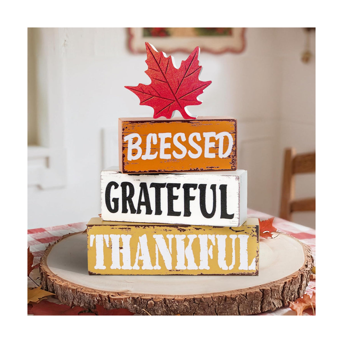 OLANRUN Thanksgiving Fall Decorations for Home, 4 PCS Wooden Fall Table Decor with Letter, Handmade Crafts Autumn Thanksgiving Decor Indoor for Office Farmhouse Home Bedroom Kitchen Mantel Tiered Tray