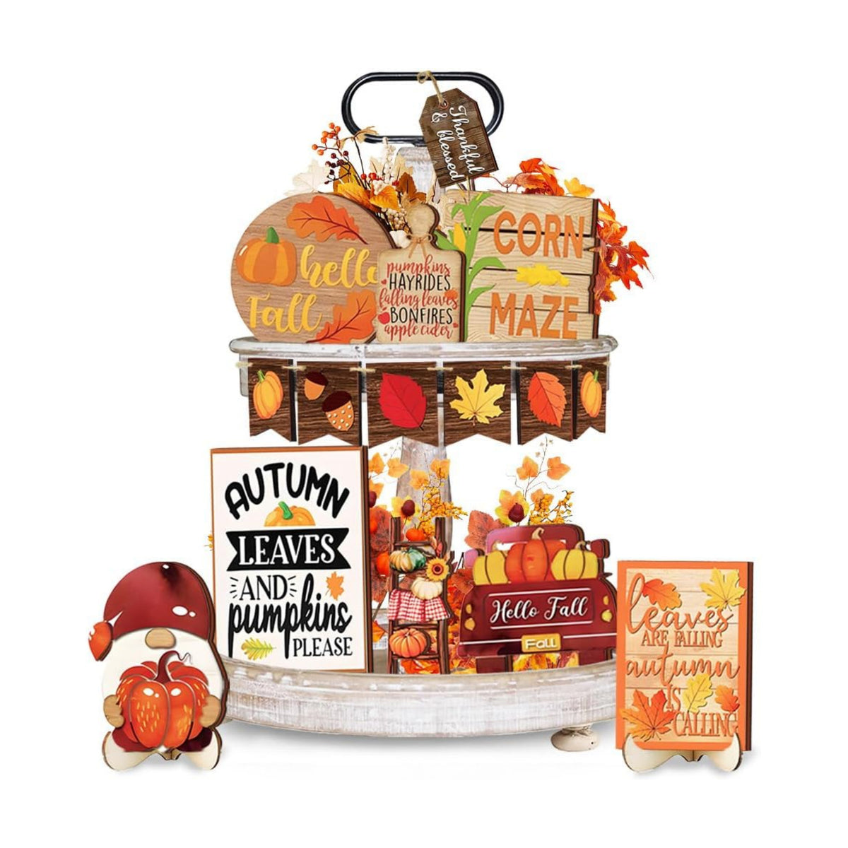 Nialnant 15 Pcs Fall Tiered Tray Decor, Fall Tiered Tray Decorations Set, Table Centerpieces Decorations for Home, Leaves Gnome Wooden Sign Plaques Thanksgiving Decorations Indoor