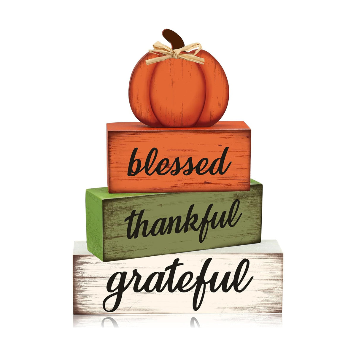 4 Pcs Fall Wooden Table Sign Fall Wooden Tiered Tray Decor Thankful Blessed Grateful Tabletop Signs Farmhouse Pumpkin Wood Blocks for Autumn Thanksgiving Harvest Home Kitchen Table Shelf Decor