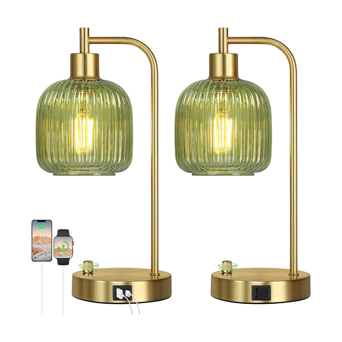 QiMH Industrial Table Lamp for Bedroom Set of 2, Green Glass Beside Lamp with USB A&C Ports, Stepless Dimmable Gold