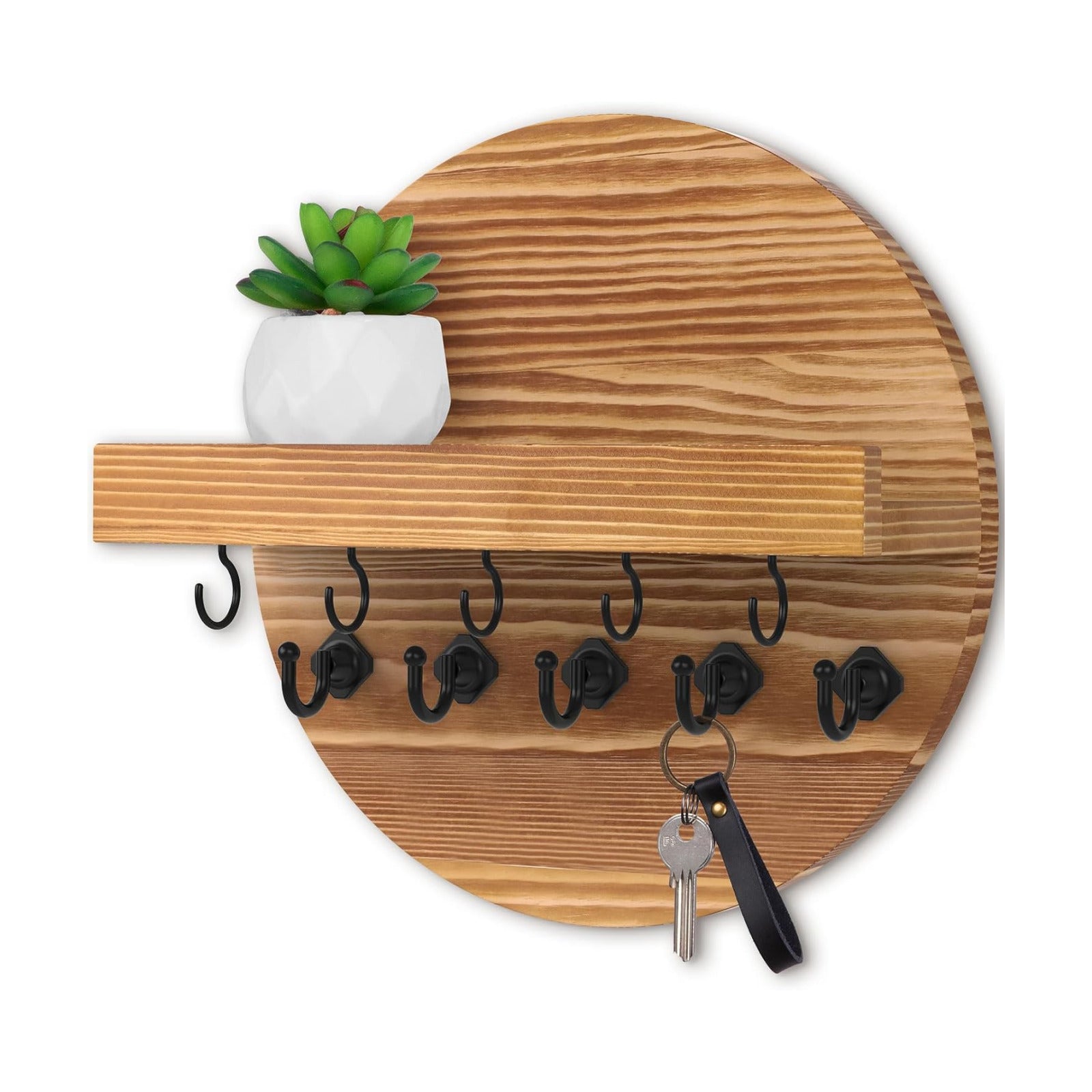 Round Wooden Rustic Wall Organizer for Entryway / Light Brown / 9.8 Inch