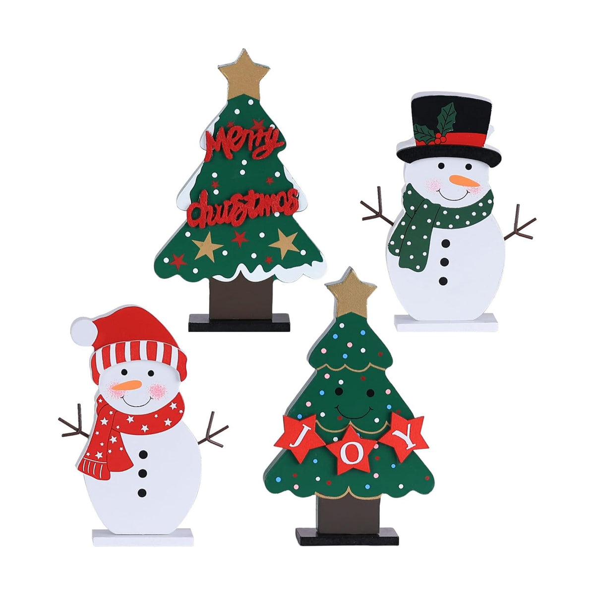 DECSPAS Christmas Decorations Indoor, 4 PCS Wood Christmas Trees & Snowmen for Centerpiece Table Decorations, Wooden Tiered Tray for Xmas Decor, Home, Winter, Tabletop, Mantel, Shelf, Gifts