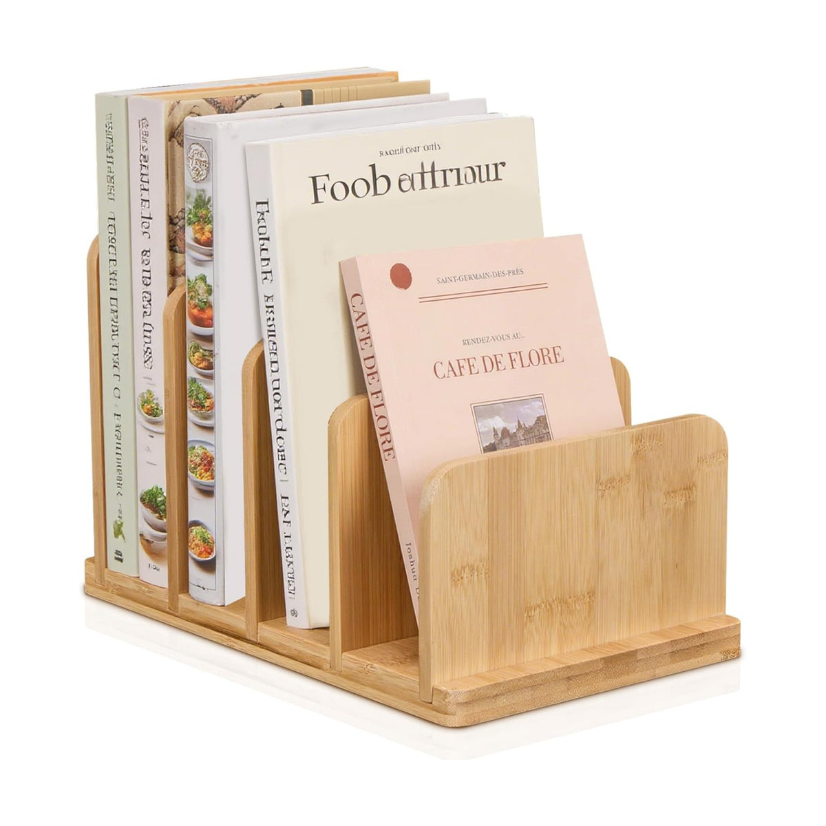 Cook Book Organizer,Bamboo Cookbook Stand for Kitchen Counter with 4-Slot,Sturdy Recipe Book Holder Stand for