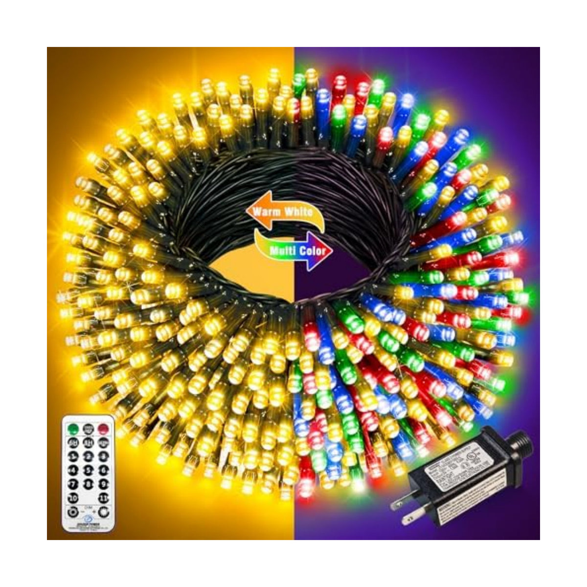 100FT 300 LED Color Changing Christmas Lights, Warm White & Multicolor