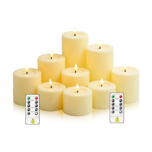 Sasigeiaa Flameless Candles with Remote - 9 Pack Battery Operated LED Fake Candles, Ivory (D3 x H3/4"/5"/6"/7" Assorted) for Festival, Home, Party Decor