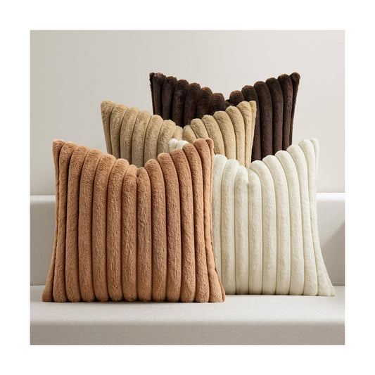 Faux Fur Plush Decorative Throw Pillow Covers / 18 x 18 / Brown / Set of 4