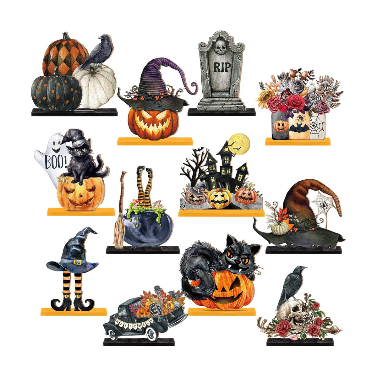 Marsui 12 Pcs Halloween Wooden Decor Pumpkin Ghost Cat Centerpieces