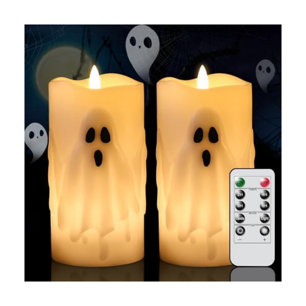 Halloween Ghost Flameless Pillar Candles with Remote Timer, 2PCS