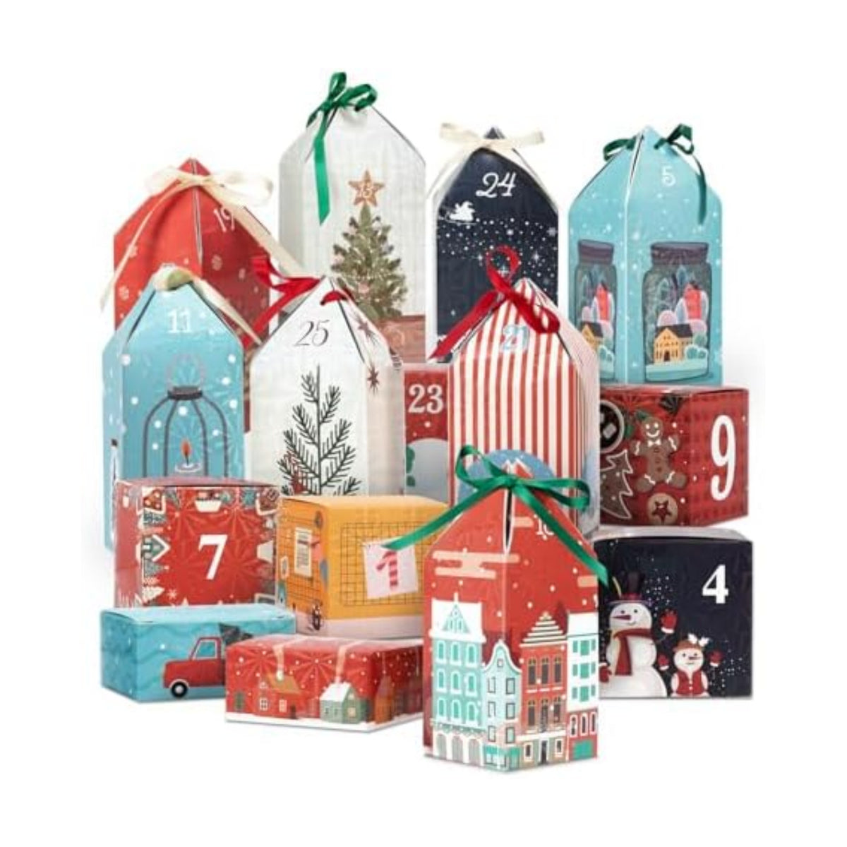 DIY Christmas Advent Calendar Boxes to Fill, 25 Numbered Empty Advent Calendar Houses Boxes, Countdown Advent Calendars Surprise Gift Boxes for Kids Family Friends, XMAS Holiday Decor -25 Designs