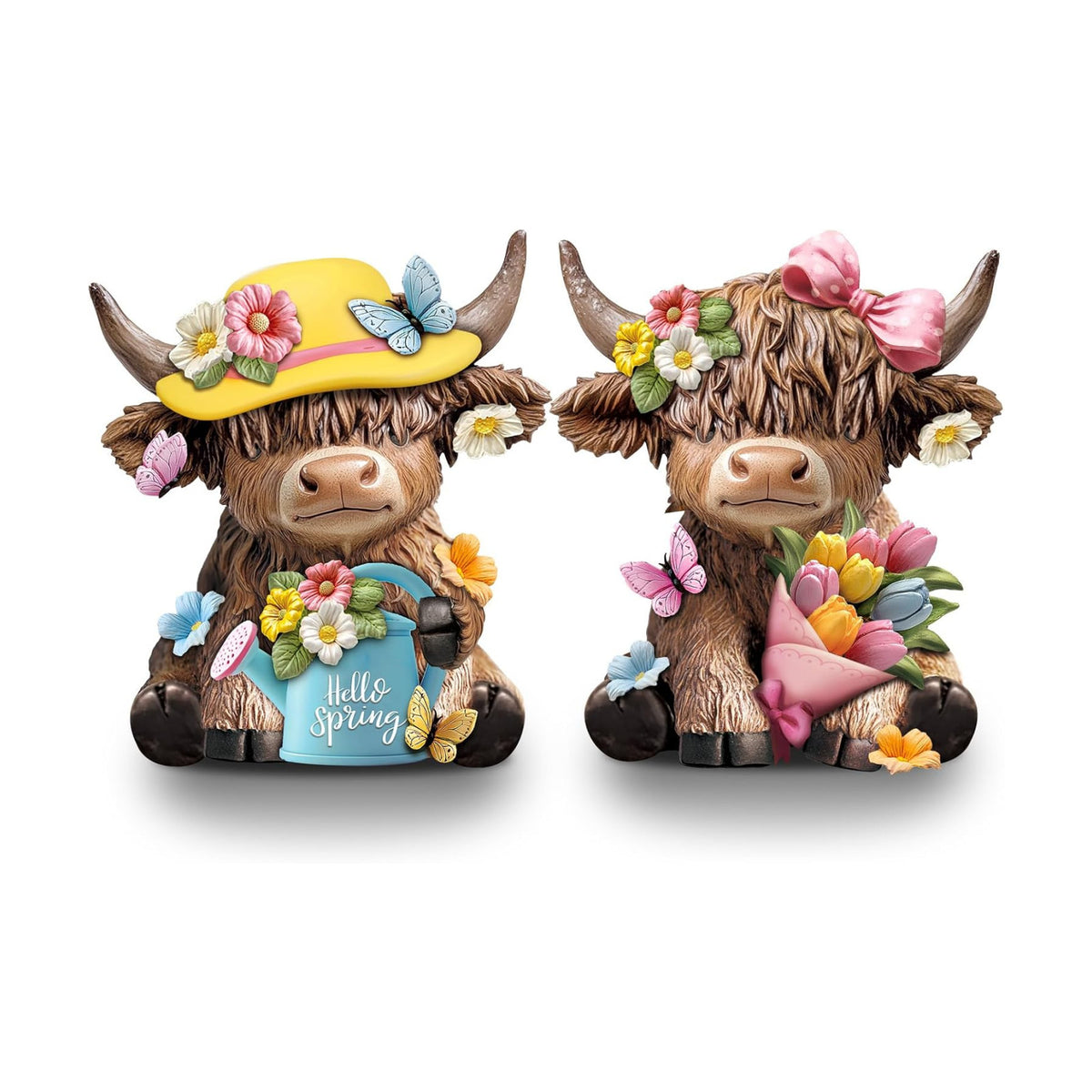 Karenhi 2 Pcs Highland Cow Figurines, Spring Floral Table Decor
