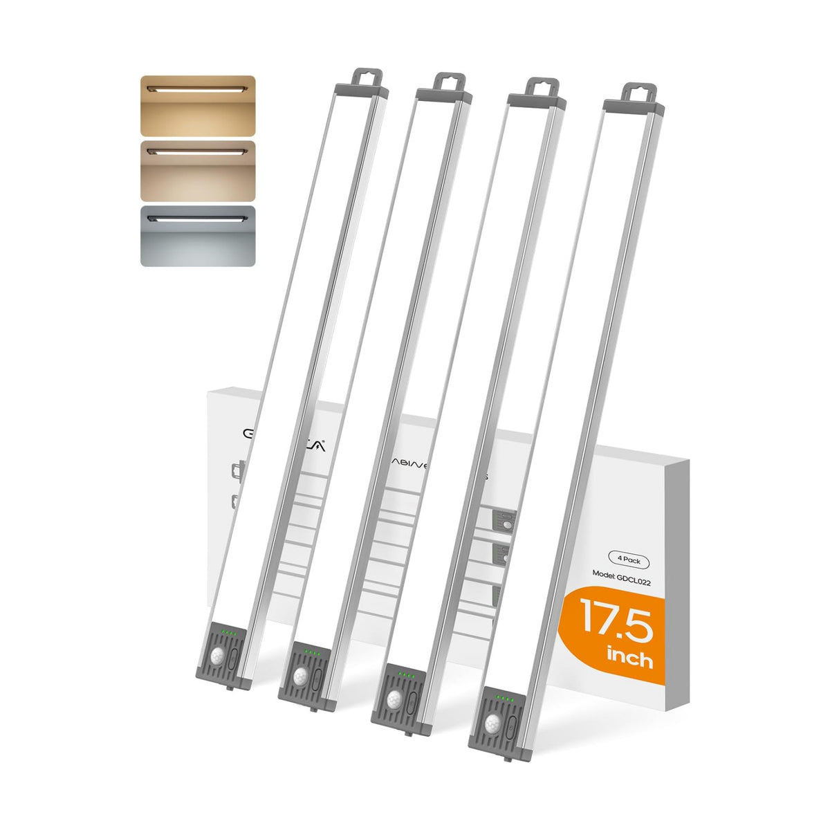 17.5inch Under Cabinet Lighting, 4500Mah Motion Sensor Light Indoor, 4 Pack | Rechargeable Battery Operated Under