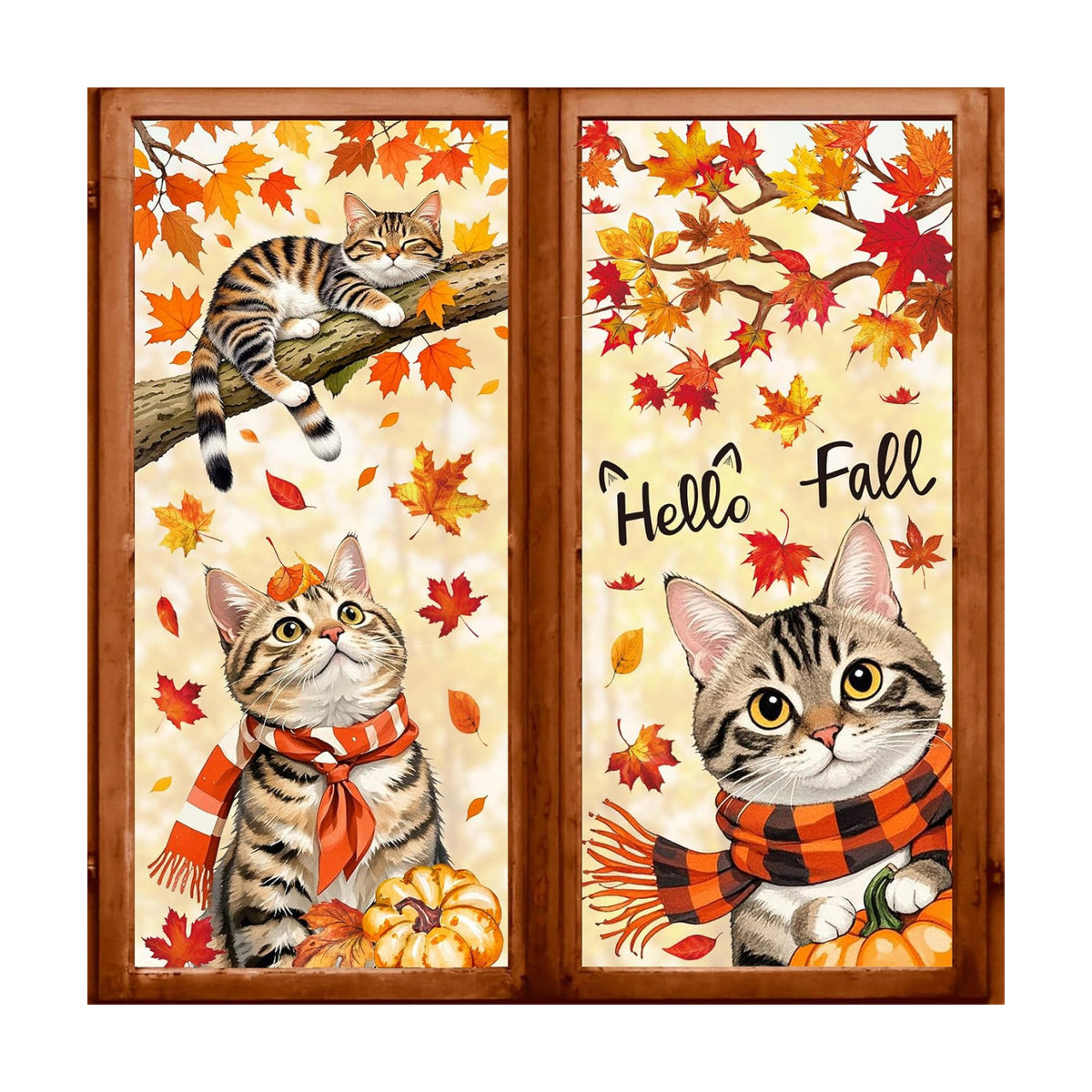 JarThenaAMCS 9 Sheets Hello Fall Window Clings Autumn Cat Maple Leaves Window Stickers Double-Sided Glass Decals for Thanksgiving Home Classroom Office Party Decoration