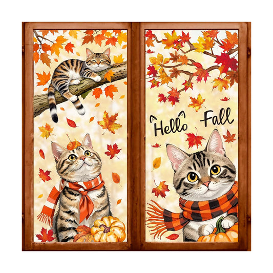 JarThenaAMCS 9 Sheets Hello Fall Window Clings Autumn Cat Maple Leaves Window Stickers Double-Sided Glass Decals for Thanksgiving Home Classroom Office Party Decoration