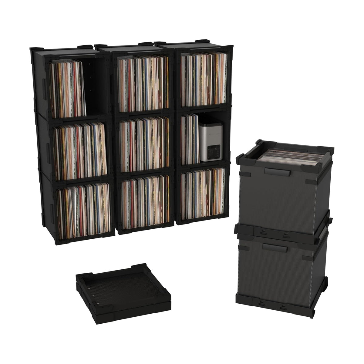 HumminGuru FlexiCube Vinyl Record Storage Box – Stackable Organizer for 12” Records, Holds 70 LPs | Modular Vinyl Shelf