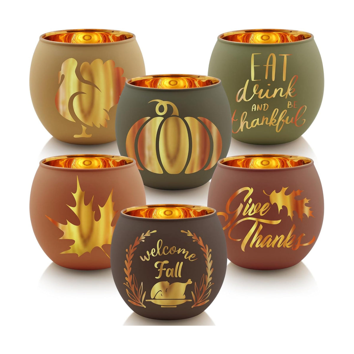 SHMILMH Thanksgiving Votive Candle Holder Set of 12, Glass Tealight Votives Holder with 6 Laser Engraving Patterns, Fall Table Centerpiece Indoor Outdoor Decor
